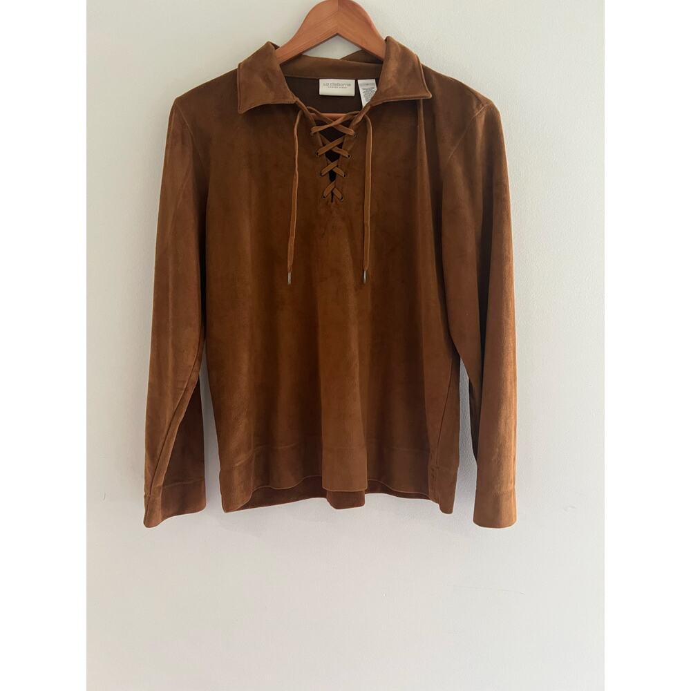 Liz Claiborne Lace Up Long Sleeve Collared Shirt Faux Suede Brown Size Medium JL